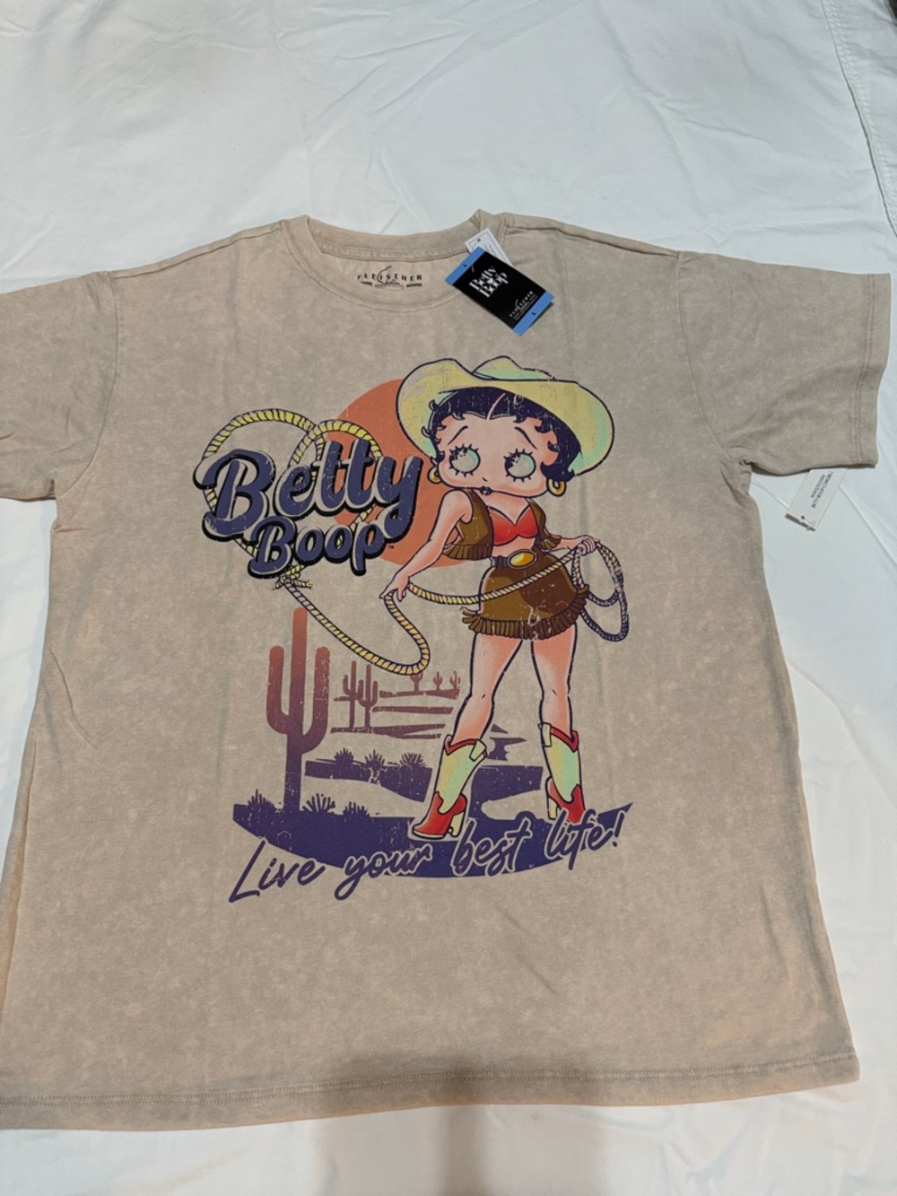 Betty Boop Beige Graphic Tee with Colorful Cowgirl Print L NWT